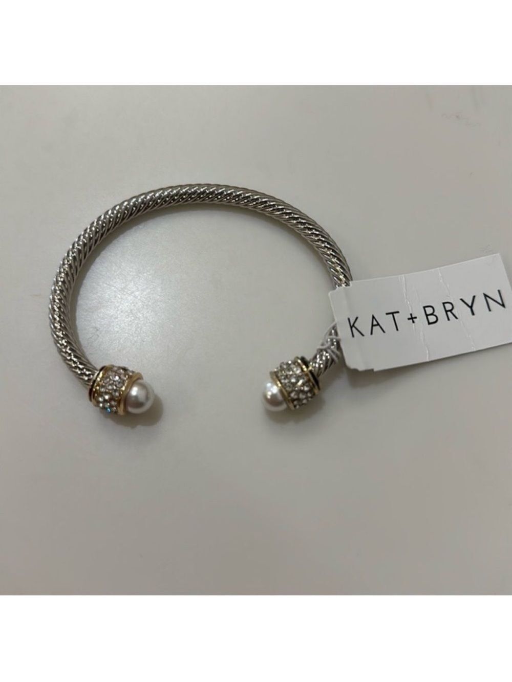 KAT + BRYN Stone Cable Cuff Bracelet Silver Gold Rhinestones Pearls
